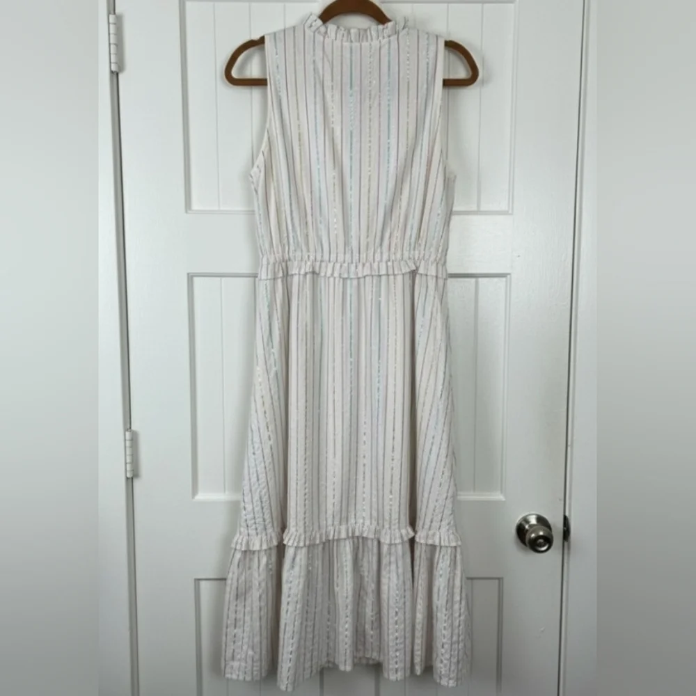 J.Crew Cotton Ruffle Collar Metallic Stripe Midi Dress - White/Pastel Size 6